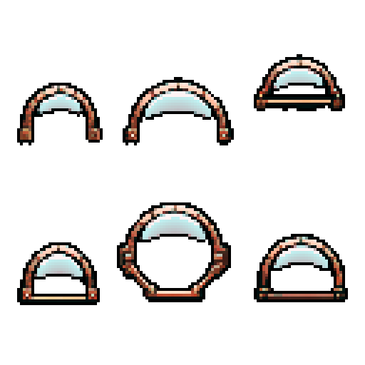 I want a rounded transparent glass half-dome with copper trim and copper rivets around the bottom edge. I want this object usable an asset in a videogame, meaning only one object per image, outlined with a strong black stroke.