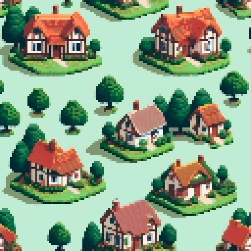2-bit pixel art a grid of 4 circular illustrations of cottagecore style cottages with gardens