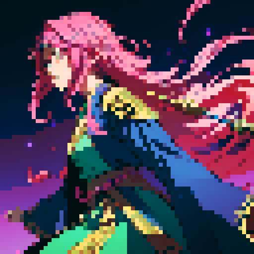 legendary anime girl wizard, long flowing hair, vibrant and dynamic colors, glowing magical staff, intricate and ornate robes, intense and focused expression, sparkling and shimmering background
