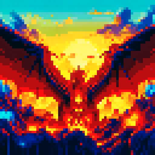Fiery scaled dragon, wings spread wide, gripping a glowing orb in its claws amidst a vibrant pixelated landscape