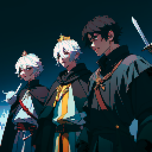 three men, king and his retinue, crown, light at the kind, dark place, king with sword, cant see eyes, eyes darken