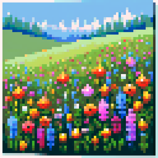 vibrant, colorful, blooming wildflowers dancing in a pixelated meadow, showcasing the beauty of nature in sRGB hues