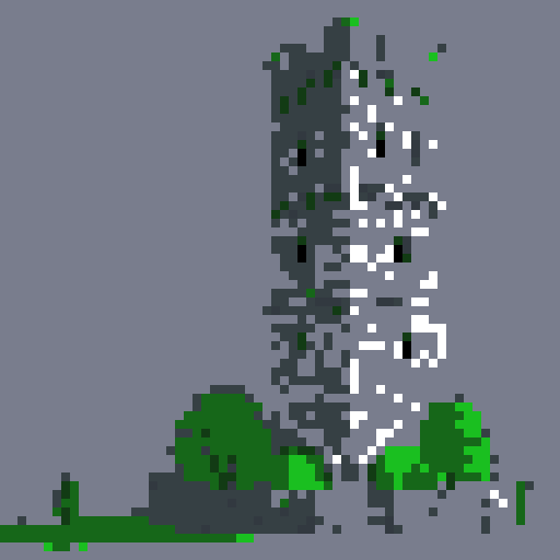 2d grey stone tower in an ancient english style. Old and crumbling but still upright. Green vines crisscross it. Usable as an asset (clear, thick lines and a white background). Put a black stroke around the composition