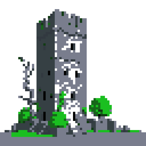 2d grey stone tower in an ancient english style. Old and crumbling but still upright. Green vines crisscross it. Usable as an asset (clear, thick lines and a white background). Put a black stroke around the composition