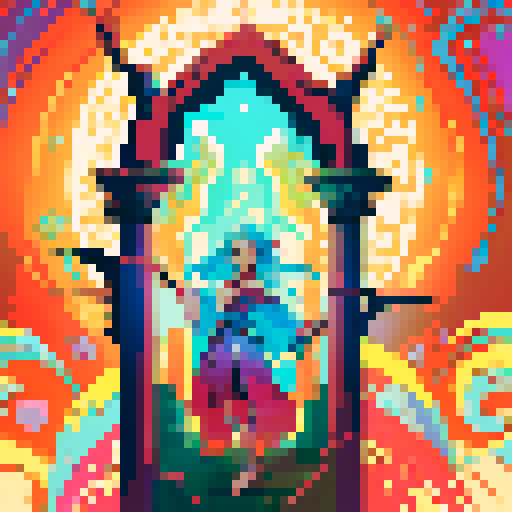 wizard, pixelated character, vibrant colors, magical staff, flowing robes, glowing runes, enchanted forest, shimmering spell, sparkling fireball, swirling vortex, whimsical creatures, old tome, ancient ruins, mystical symbols, ethereal glow, intricate details, nostalgic video game vibes, retro aesthetic, vibrant pixel art, magical ambiance