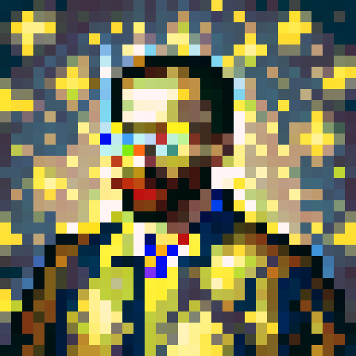 Vincent Van Gogh, king of cryptocurrency, close-up, pixel art portrait capturing his gold Gucci glasses, crown, and Gucci apparel in 32x32 resolution with a skill art style, reminiscent of a game icon
