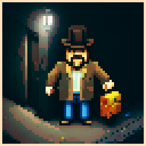 Create a grizzled, fedora-wearing detective with a trench coat and magnifying glass, standing in a dimly lit alleyway surrounded by graffiti and trash cans in a noir-inspired pixel art style as game character.