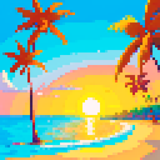 Palm trees swaying in the warm breeze, crystal clear ocean water lapping at the sandy shore, and a sunrise with the sun halfway behind the horizon.