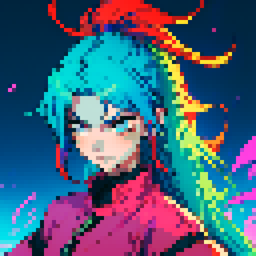 Pixelated characters with unique variations: a vibrant, electric blue-haired character with a mischievous expression, a fiery red-haired character with a determined gaze, a serene green-haired character with flowing locks, and a mysterious purple-haired character with piercing eyes