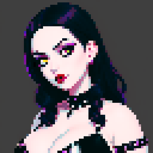 curvy, busty goth girls face, whole head portrait, black hair, purple eyeshadow, red lipstick, low black studded leather halter top, studded collar, vibrant srgb colors, edgy aesthetic. 16 bit, anime style