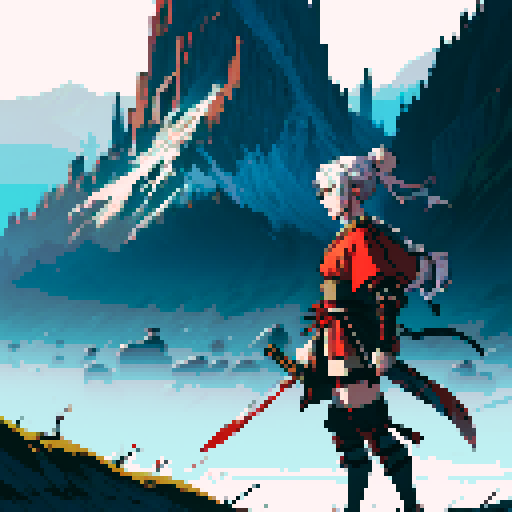 Samurai with blood dipping from sword, tired from the battles on an epic scenery.