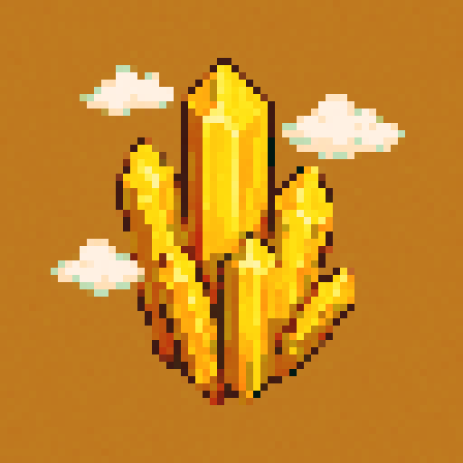 Yellow Topaz crystals with small clouds floating around it, orthorhombic crystal pattern, solid-color background