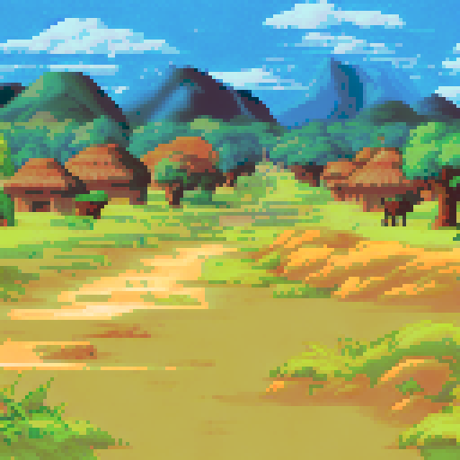 African village view with some forest and a blank foreground