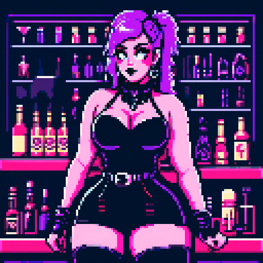 Portrait of Thicc, curvy, busty goth babe with studded collar, long purple hair in buns, fishnet stockings, studded halter top, bartending at nightclub, neon signage. pixel art, sRGB.