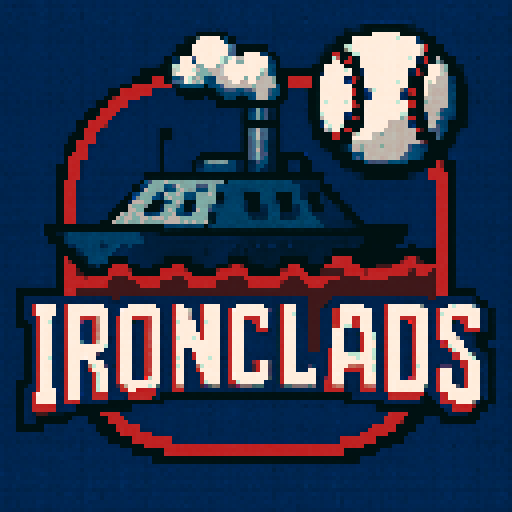 Pixel art of a fictional baseball team called the Ironclads.  Ironclads are civil war era military boats. Dark blue, red and gray, sharp outlines, and soft pixel shading. The logo design mimics 80s MLB logos. Use a vibrant Sega Genesis 16-bit style with selective dithering, geometric forms, and nostalgic retro charm. Avoid modern gradients—keep it pure pixel art.