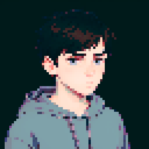 portrait, sprite art, young depressed man, hoodie, gray, dark hair, dark eyes, tired