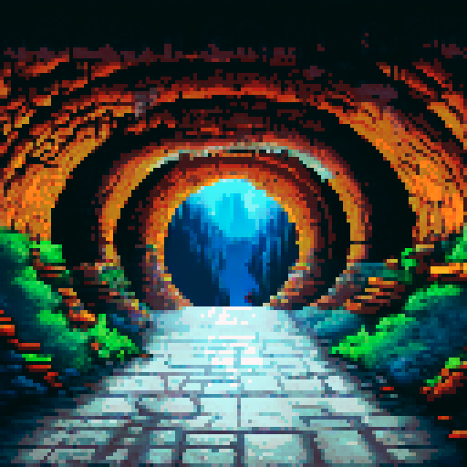 Dark, damp cave with uneven walls and stalactites, ancient inscriptions and drawings, deep rock tunnel, faint light, sRGB, pixel art, background, landscape