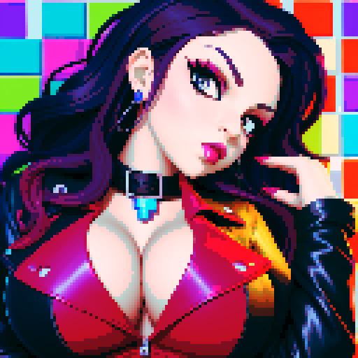curvy, busty goth girl, close up face glamour shot, leather clothing, modern tile backsplash, vivid colors, pixel art, sRGB