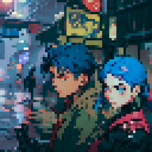 blue haired girl smoking cigarette, and man on the left holding a gun, night time rainy streets, grim