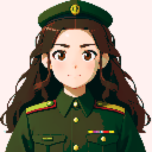 young girl, brown hair, brown eyes, wearing combat green army uniform, upper body close-up, transparent background, clean and detailed, game icon, centered composition, long flowing hair, detailed eyes, slim figure, soft smile