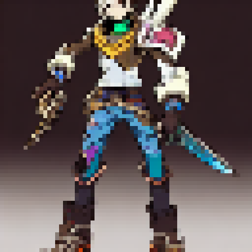 Zero from Borderlands 2, wielding his sword with fierce determination, stoically stares down at a plump, white chicken perched on his shoulder in a vibrant anime style.