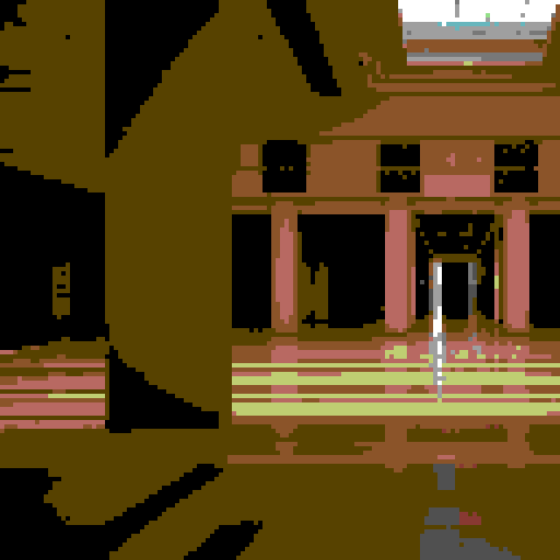 empty mall viewed from the inside, wide dark corridors, large pillars, somber mood, nostalgic feel, retro