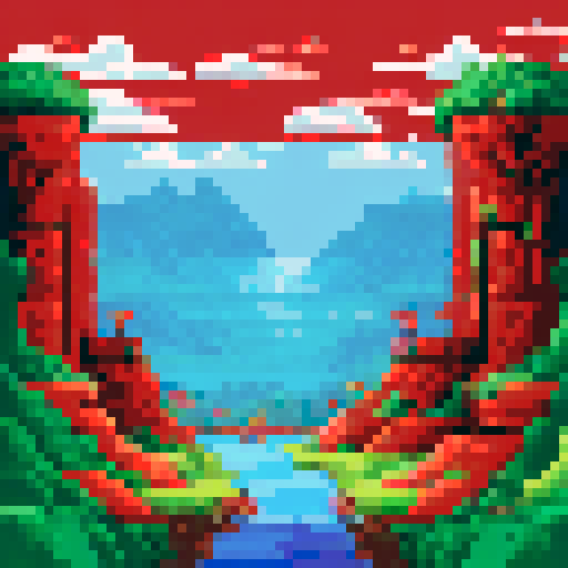 Ketchup gun shooting streams of vibrant red, against a summer picnic background with a panoramic landscape view in pixel art style