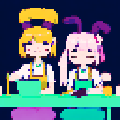 Nail tech with long blonde hair wearing a pink apron and a girl with brown hair wearing a purple dress sitting down facing each other at a table in a nail salon.