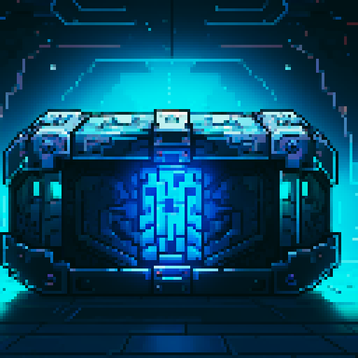 mystery box, stone, metall, shiny, pixel art, sRGB, vibrant colors, glowing lights, intricate patterns
