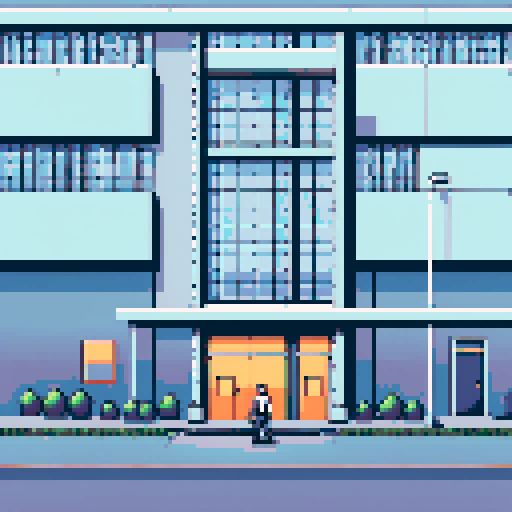 large steel-structured warehouse, two-story white office building, player character, new worker at Emazon, walking towards warehouse entrance, MR KHAN, HR representative, pixel art, sRGB
