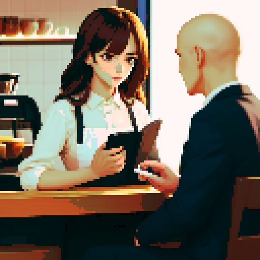 A male hitman dressed in unassuming fashionable clothing standing in a quiet coffee shop observing a day-dreaming female barista who is leaning over the counter and reading an erotic novel