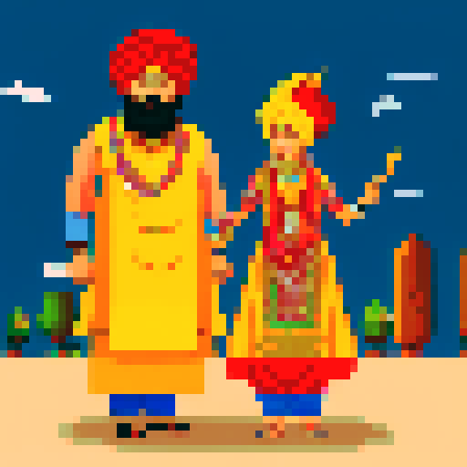 Sikh boy wearing turban and traditional attire, standing beside a curvaceous woman with fiery red hair, both surrounded by vibrant and bold pixelated patterns
