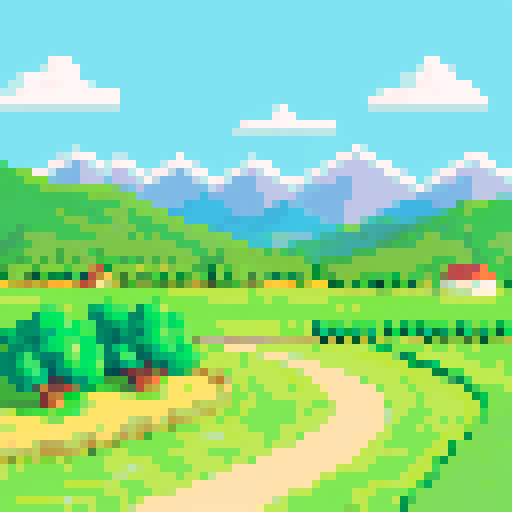 Grassy plain with village, bright sunlight, trees and mountains in background