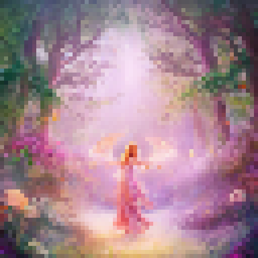 Glowing mushrooms illuminate a mystical forest where a fairy queen, adorned in gold and jewels, dances with her court of winged creatures as a beam of light filters through the trees in a watercolor style.