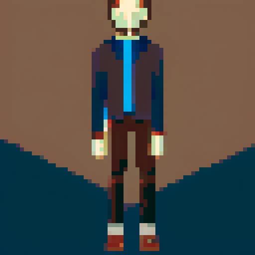 Semi Deamon Human, Red Eyes, Brown hair, White jacket, Blue pants, Red Wings, pixel art, sRGB