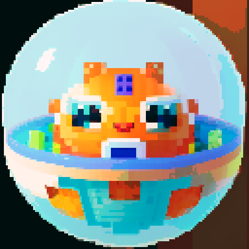 A sphere spaceship shaped like a gachapon with a clear window top. through the top window is an orange cat. cute