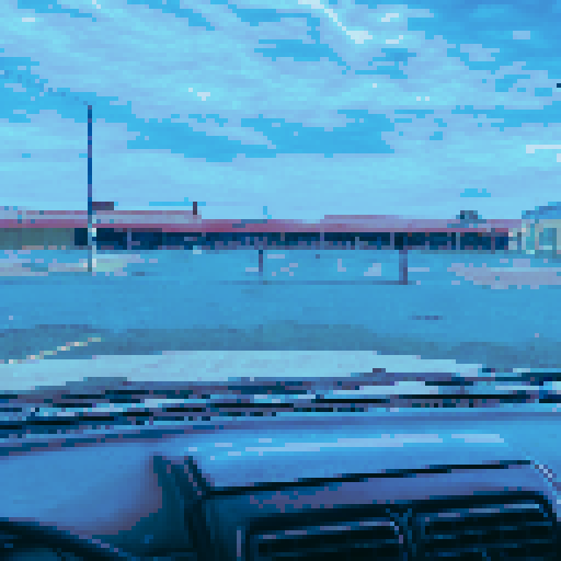 abandoned storefront, dilapidated, broken windows, faded sign, cracked paint, overgrown plants, desolate street, deserted, empty shelves, retro aesthetic, pixelated, vibrant colors, nostalgic, urban decay, graffiti, moody lighting, nostalgic backdrop, sRGB, pixel art, background, landscape