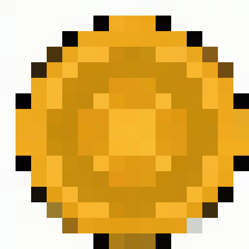 Golden coin, shimmering, glimmering, reflecting light, intricate details, pixelated, vibrant colors, retro aesthetic, 8-bit, low resolution, square pixels, metallic texture, shiny surface, sparkling, gleaming, radiant, nostalgic, classic video game vibes, limited color palette, crisp edges, nostalgic charm, digital artwork, vintage feel, iconic symbol