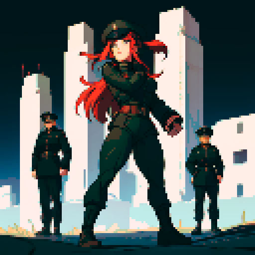 full-body image, muscle girl, female, thick biceps, big shoulders, big fists, muscular physique, thick waist, facing left, ready to fight, exaggerated proportions, black military uniform, black hat, military backdrop, sRGB, pixel art, army behind her, military behind her, army in background, army, soldiers, evil, dark, evil soldiers, nazi