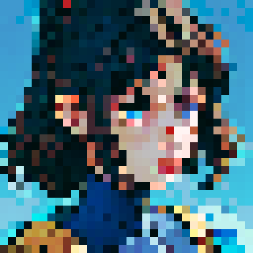 western style, simplified, portrait avatar, woman with shoulder length dark hair, looking at the camera, blue palette, close up, sRGB, pixel art