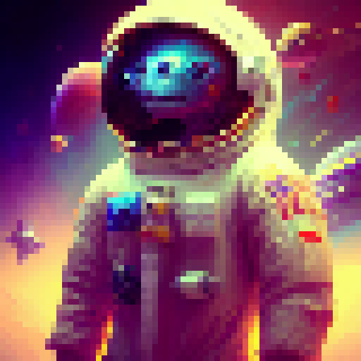 Swimming astronaut in space, surrounded by vibrant, swirling planets, captured in a realistic, cinematic style with bold, contrasting colors.