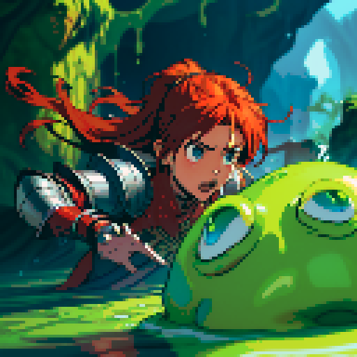 hero sinking into slime, hero drowning in slime, hero has red hair, hero has silver armor, reaching up, panic, sinking deep into slime