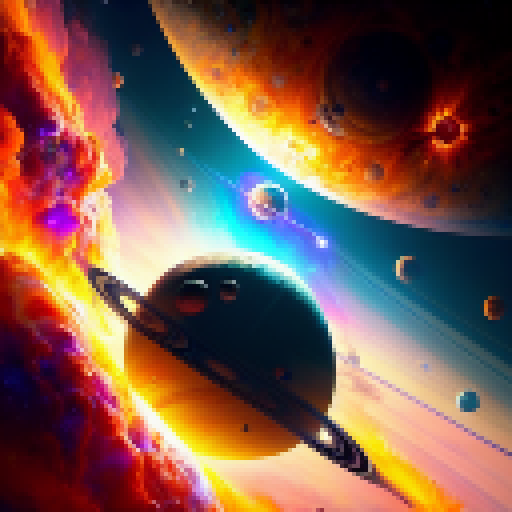 Space station orbiting a fiery sun, surrounded by a swirling asteroid belt and towering planets with vibrant colors in a fantastical RPG art style.