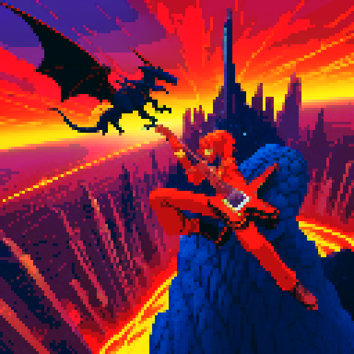 A rock guitarist riding a dragon, flying through a fiery sky above a futuristic city, brandishing his guitar like a sword