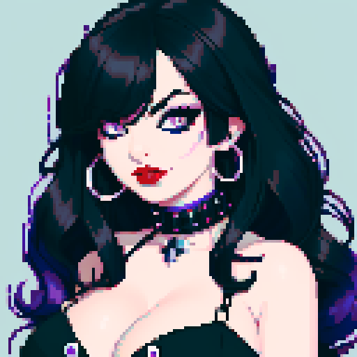 curvy, cute busty goth woman's face, whole head portrait, black hair, purple eyeshadow, red lipstick, low cut black halter top, studded collar, vibrant sRGB colors, pixel art, edgy aesthetic.