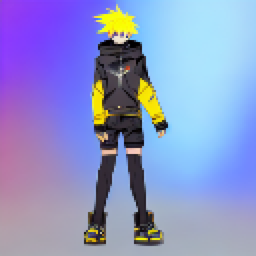 A cyberpunk themed character with yellow hair that has black highlights, with an oversized blue jacket, standing idle like a JRPG battle idle pose. No background.