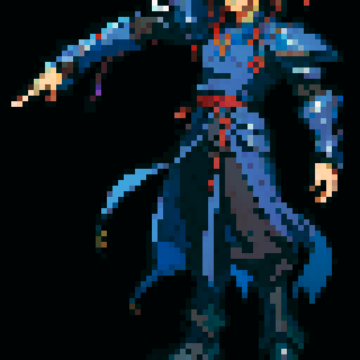 Xenogears-inspired male character, pixel art sprite, detailed armor, neutral pose, neutral facial expression, sRGB palette