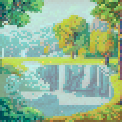 64x64 grid of square pixels, soft, blended colors, subtle, muted tones, calm and serene atmosphere, pointillism, abstract, dotted feel, sRGB, pixel art, background, landscape