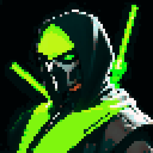 Cyberpunk assassin, twin gunblades, neon green light male, facemask, hood, pixel art, sRGB