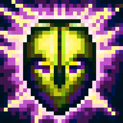 white knight helmet with purple details, surrounded by fiery purple and green flames